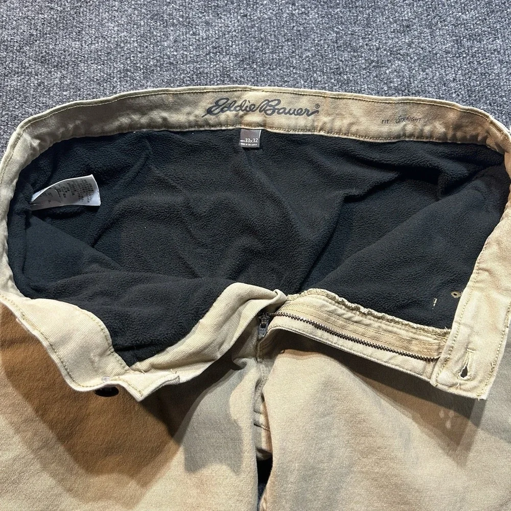 Eddie Bauer Mens Fleece Lined Canvas Pants 33x32 Straight Fit Khaki Tan Winter